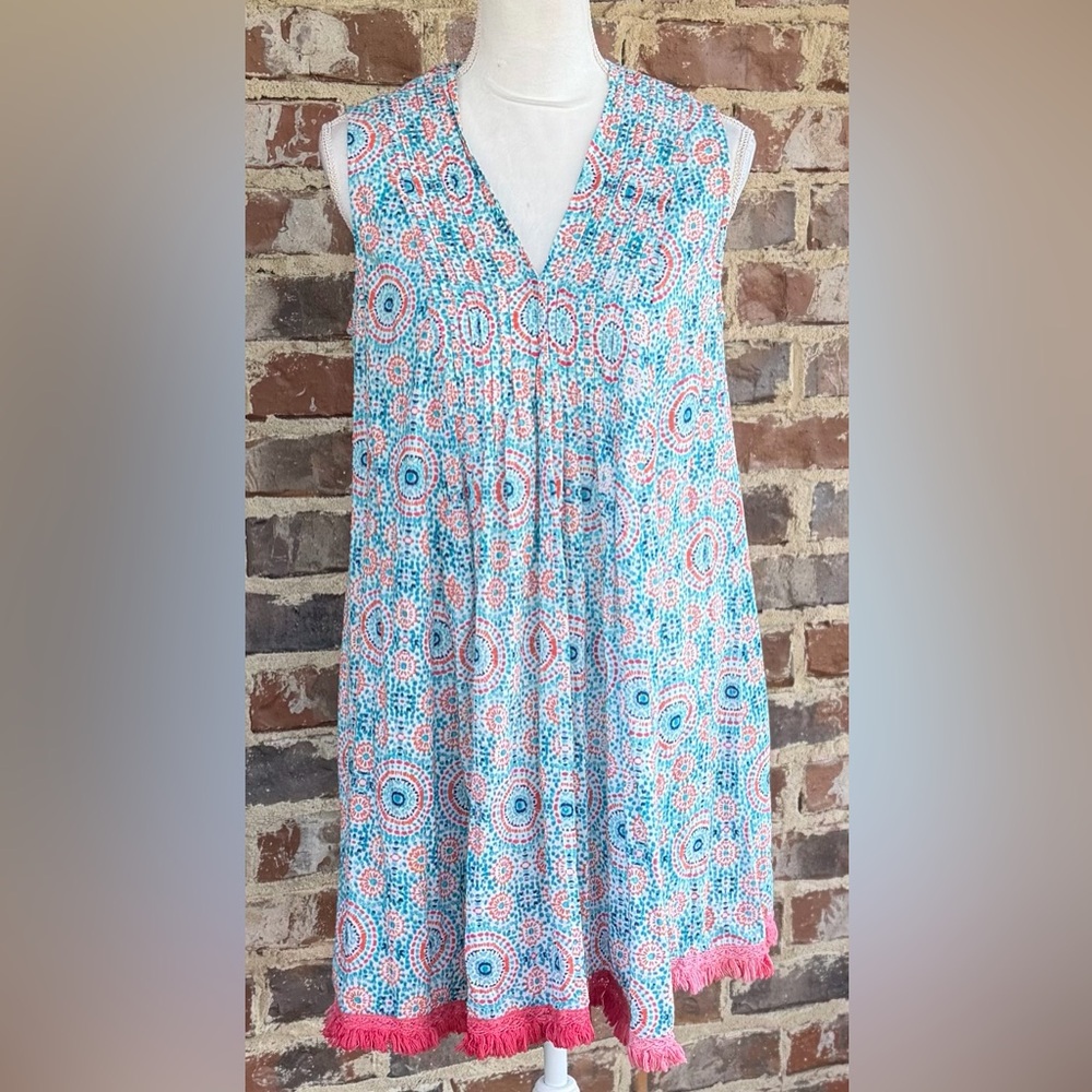 Sleeveless Printed Shift Dress with Coral Fringe